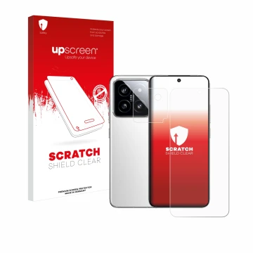 Parte frontal de un envase de producto con el logotipo de la marca upscreen. Al lado se muestra el dispositivo Xiaomi 14 (Fron