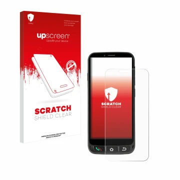 Parte frontal de un envase de producto con el logotipo de la marca upscreen. Al lado se muestra el dispositivo SPC Zeus 4G Pro