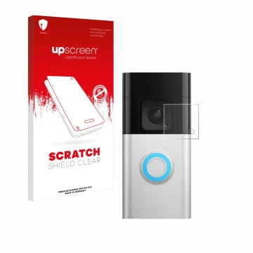 Parte frontal de un envase de producto con el logotipo de la marca upscreen. Al lado se muestra el dispositivo Ring Battery Vi
