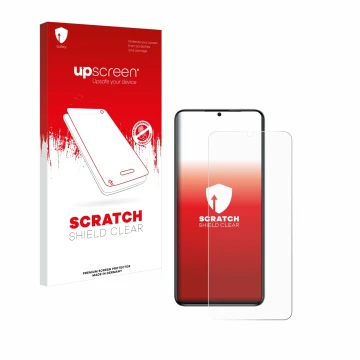 Parte frontal de un envase de producto con el logotipo de la marca upscreen. Al lado se muestra el dispositivo Oukitel C50 con