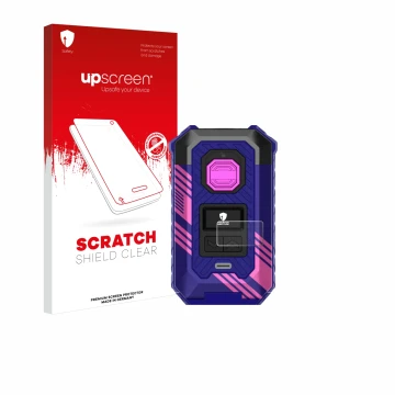 Parte frontal de un envase de producto con el logotipo de la marca upscreen. Al lado se muestra el dispositivo Vaporesso Armou