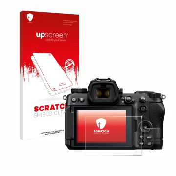 Parte frontal de un envase de producto con el logotipo de la marca upscreen. Al lado se muestra el dispositivo Nikon Z6 III co