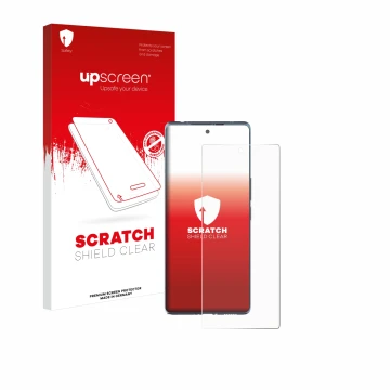 Parte frontal de un envase de producto con el logotipo de la marca upscreen. Al lado se muestra el dispositivo HTC U24 Pro con