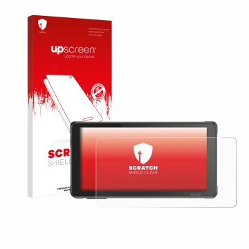 Parte frontal de un envase de producto con el logotipo de la marca upscreen. Al lado se muestra el dispositivo Interphone Sync