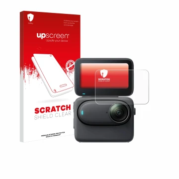 Parte frontal de un envase de producto con el logotipo de la marca upscreen. Al lado se muestra el dispositivo Insta360 Go 3S 