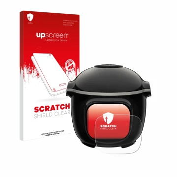 Parte frontal de un envase de producto con el logotipo de la marca upscreen. Al lado se muestra el dispositivo Moulinex Cookeo