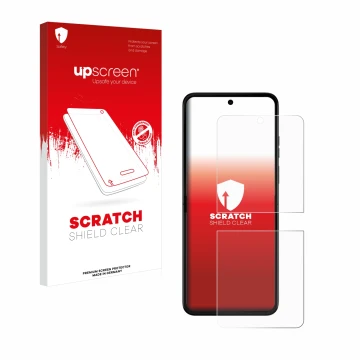 Parte frontal de un envase de producto con el logotipo de la marca upscreen. Al lado se muestra el dispositivo Motorola Razr 5