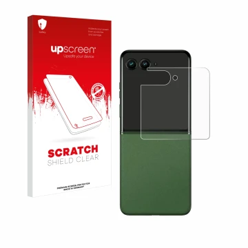 Parte frontal de un envase de producto con el logotipo de la marca upscreen. Al lado se muestra el dispositivo Motorola Razr 5