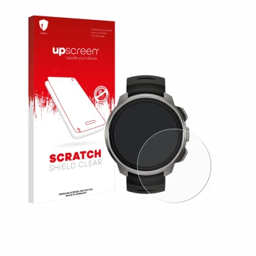 Parte frontal de un envase de producto con el logotipo de la marca upscreen. Al lado se muestra el dispositivo Suunto Ocean co