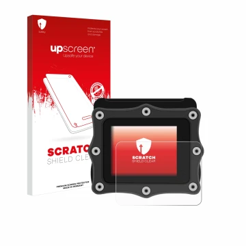 Parte frontal de un envase de producto con el logotipo de la marca upscreen. Al lado se muestra el dispositivo Shearwater Perd