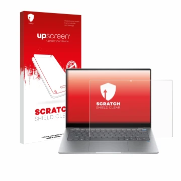 Parte frontal de un envase de producto con el logotipo de la marca upscreen. Al lado se muestra el dispositivo HP OmniBook X A