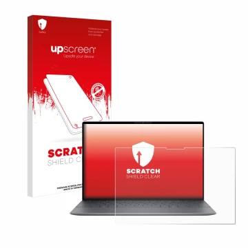 Parte frontal de un envase de producto con el logotipo de la marca upscreen. Al lado se muestra el dispositivo Dell XPS 13 934