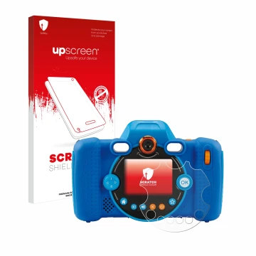 Parte frontal de un envase de producto con el logotipo de la marca upscreen. Al lado se muestra el dispositivo Vtech Kidizoom 