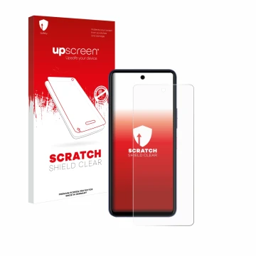 Parte frontal de un envase de producto con el logotipo de la marca upscreen. Al lado se muestra el dispositivo Telekom T Phone