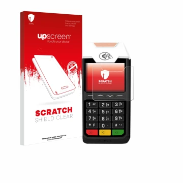 Parte frontal de un envase de producto con el logotipo de la marca upscreen. Al lado se muestra el dispositivo ingenico Tetra 