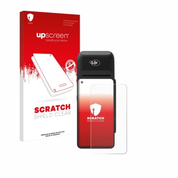 Parte frontal de un envase de producto con el logotipo de la marca upscreen. Al lado se muestra el dispositivo Verifone T650c 