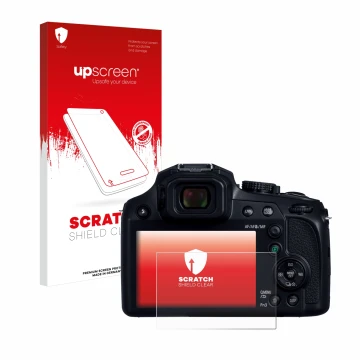 Parte frontal de un envase de producto con el logotipo de la marca upscreen. Al lado se muestra el dispositivo Panasonic Lumix