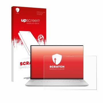 Parte frontal de un envase de producto con el logotipo de la marca upscreen. Al lado se muestra el dispositivo Dell XPS 16 964