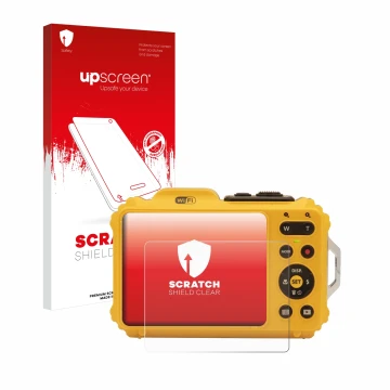 Parte frontal de un envase de producto con el logotipo de la marca upscreen. Al lado se muestra el dispositivo Kodak Pixpro WP