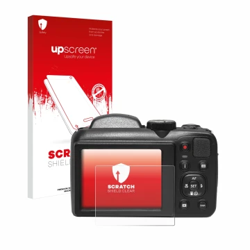 Parte frontal de un envase de producto con el logotipo de la marca upscreen. Al lado se muestra el dispositivo Kodak Pixpro AZ