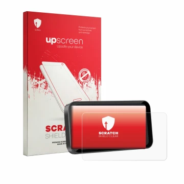 Parte frontal de un envase de producto con el logotipo de la marca upscreen. Al lado se muestra el dispositivo Carpuride W603 