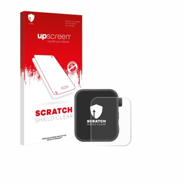 Parte frontal de un envase de producto con el logotipo de la marca upscreen. Al lado se muestra el dispositivo Godox X3 con su