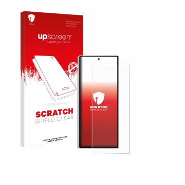 Parte frontal de un envase de producto con el logotipo de la marca upscreen. Al lado se muestra el dispositivo Samsung Galaxy 