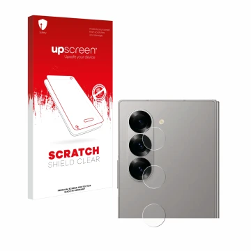 Parte frontal de un envase de producto con el logotipo de la marca upscreen. Al lado se muestra el dispositivo Samsung Galaxy 