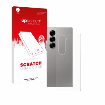 Parte frontal de un envase de producto con el logotipo de la marca upscreen. Al lado se muestra el dispositivo Samsung Galaxy 