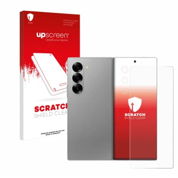 Parte frontal de un envase de producto con el logotipo de la marca upscreen. Al lado se muestra el dispositivo Samsung Galaxy 