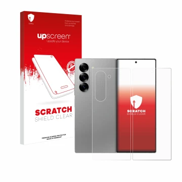 Parte frontal de un envase de producto con el logotipo de la marca upscreen. Al lado se muestra el dispositivo Samsung Galaxy 