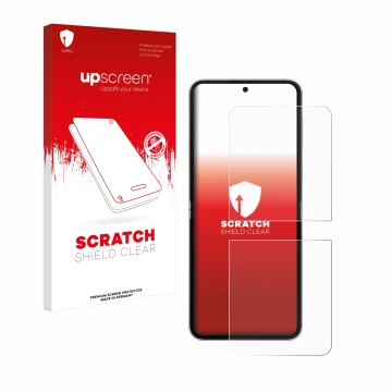 Parte frontal de un envase de producto con el logotipo de la marca upscreen. Al lado se muestra el dispositivo Samsung Galaxy 