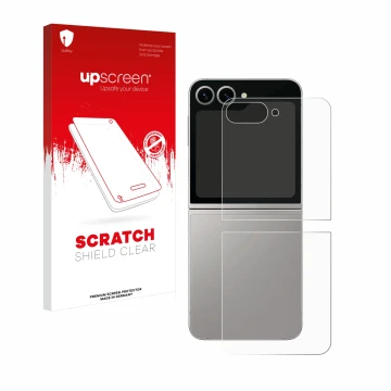 Parte frontal de un envase de producto con el logotipo de la marca upscreen. Al lado se muestra el dispositivo Samsung Galaxy 