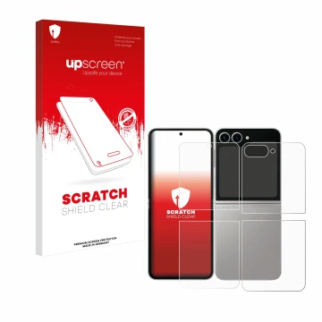 Parte frontal de un envase de producto con el logotipo de la marca upscreen. Al lado se muestra el dispositivo Samsung Galaxy 