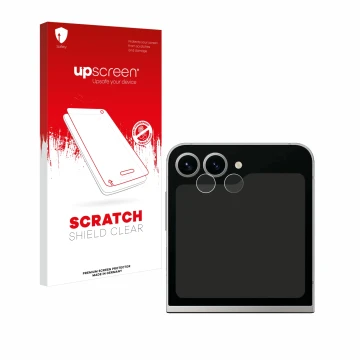 Parte frontal de un envase de producto con el logotipo de la marca upscreen. Al lado se muestra el dispositivo Samsung Galaxy 