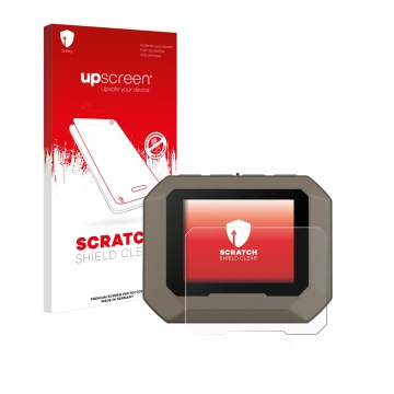 Parte frontal de un envase de producto con el logotipo de la marca upscreen. Al lado se muestra el dispositivo Garmin Xero C1 