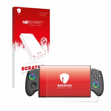 Parte frontal de un envase de producto con el logotipo de la marca upscreen. Al lado se muestra el dispositivo OneXPlayer X1 M
