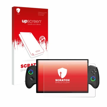 Parte frontal de un envase de producto con el logotipo de la marca upscreen. Al lado se muestra el dispositivo OneXPlayer X1 c