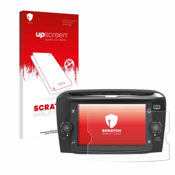 Parte frontal de un envase de producto con el logotipo de la marca upscreen. Al lado se muestra el dispositivo Lancia Ypsilon 