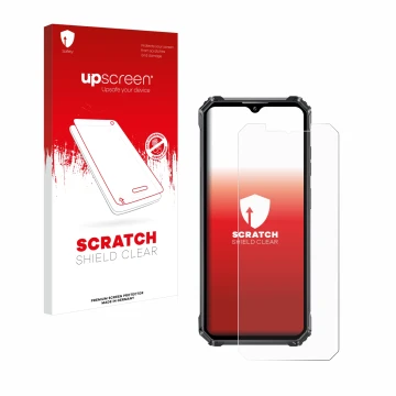 Parte frontal de un envase de producto con el logotipo de la marca upscreen. Al lado se muestra el dispositivo Oukitel WP28E c