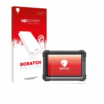 Parte frontal de un envase de producto con el logotipo de la marca upscreen. Al lado se muestra el dispositivo Launch X-431 Pr