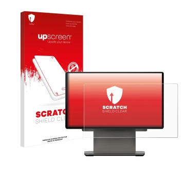 Parte frontal de un envase de producto con el logotipo de la marca upscreen. Al lado se muestra el dispositivo Sunmi D3 PRO co