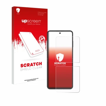 Parte frontal de un envase de producto con el logotipo de la marca upscreen. Al lado se muestra el dispositivo Nubia Flip 5G c