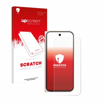 Parte frontal de un envase de producto con el logotipo de la marca upscreen. Al lado se muestra el dispositivo Google Pixel 9 