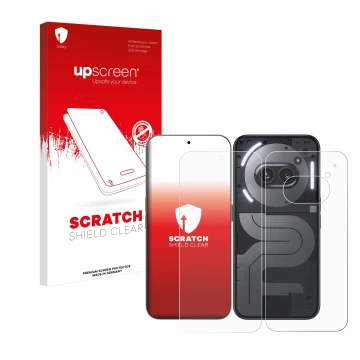 Parte frontal de un envase de producto con el logotipo de la marca upscreen. Al lado se muestra el dispositivo Nothing Phone (