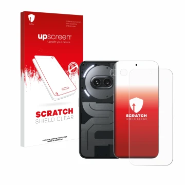Parte frontal de un envase de producto con el logotipo de la marca upscreen. Al lado se muestra el dispositivo Nothing Phone (