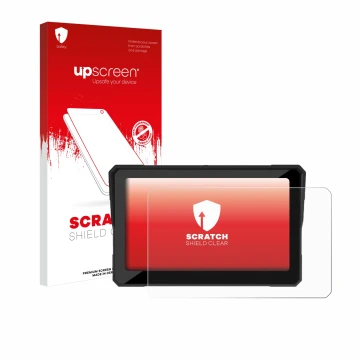 Parte frontal de un envase de producto con el logotipo de la marca upscreen. Al lado se muestra el dispositivo Carpuride W702B