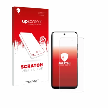 Parte frontal de un envase de producto con el logotipo de la marca upscreen. Al lado se muestra el dispositivo Motorola G34 5G