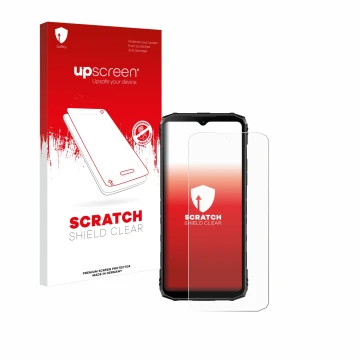 Parte frontal de un envase de producto con el logotipo de la marca upscreen. Al lado se muestra el dispositivo Doogee Blade 10