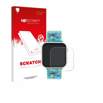 Parte frontal de un envase de producto con el logotipo de la marca upscreen. Al lado se muestra el dispositivo Disney Stitch L